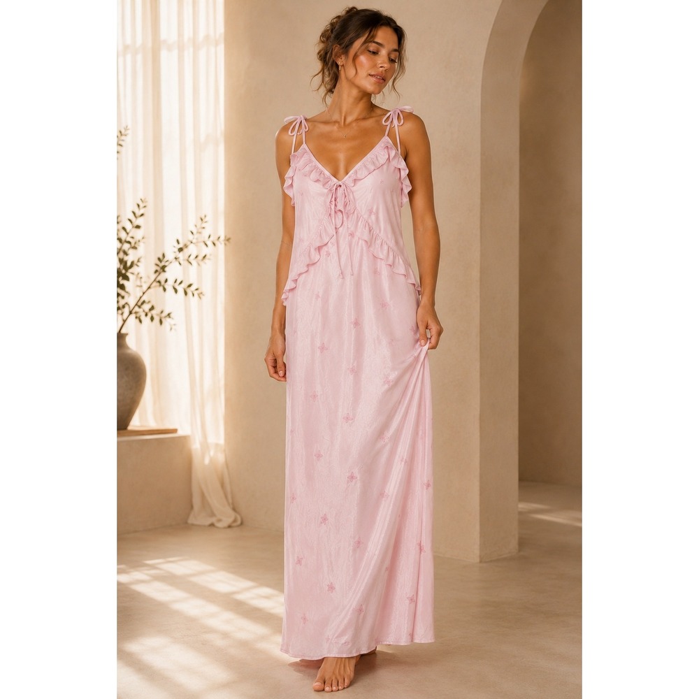 Wild Fable Butterfly Embroidered Maxi Dress M Pink Ruffle Tie Strap Fairycore